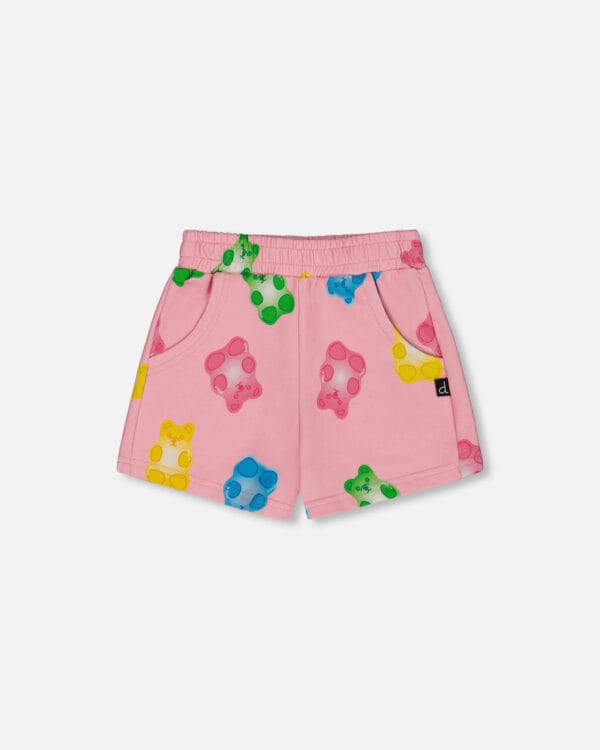 Deux par Deux Short en molleton imprimé rose avec jujubes multicolores PRÉVENTE