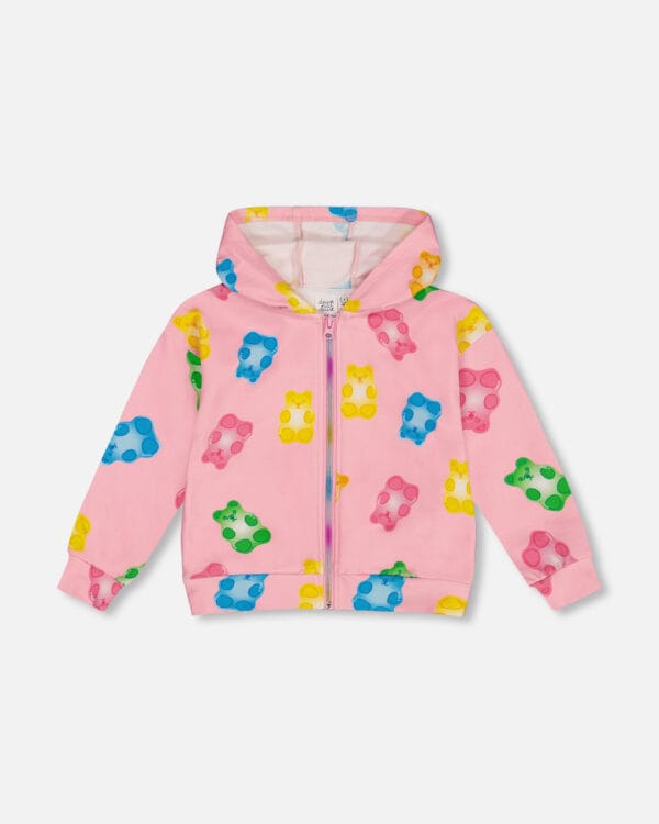 Deux par Deux Cardigan à capuchon en molleton imprimé rose avec jujubes multicolores PRÉVENTE