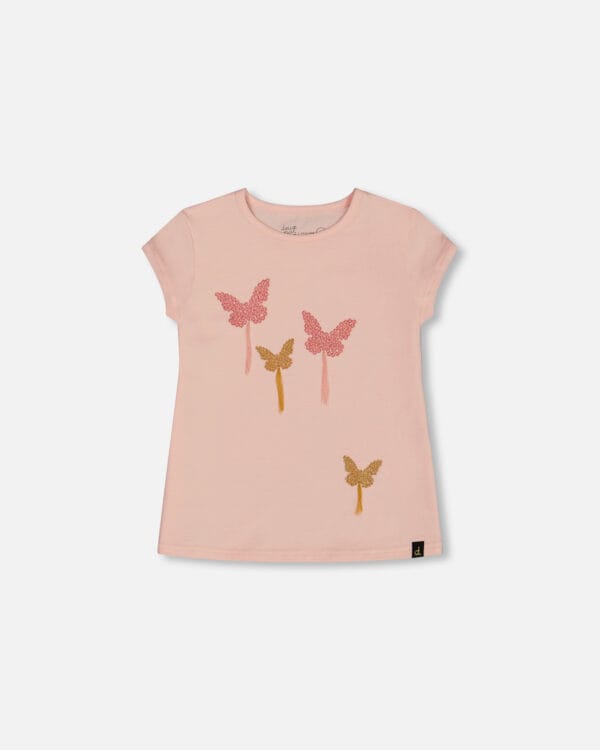 Deux par Deux Haut rose avec appliqués de papillons scintillants en coton biologique