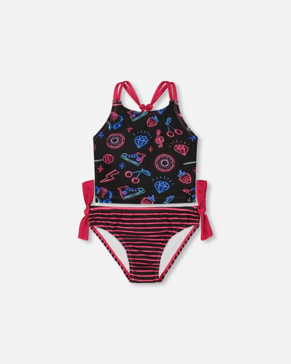 Deux par Deux Maillot de bain deux-pièces imprimé noir avec éléments bleus et roses PRÉVENTE - Image 3