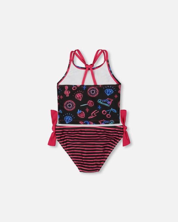 Deux par Deux Maillot de bain deux-pièces imprimé noir avec éléments bleus et roses PRÉVENTE - Image 4